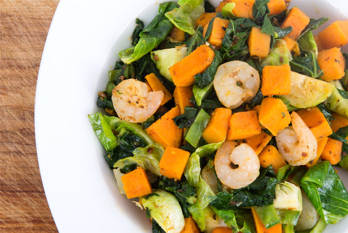 Sweet Potato, Kale & Shrimp Skillet